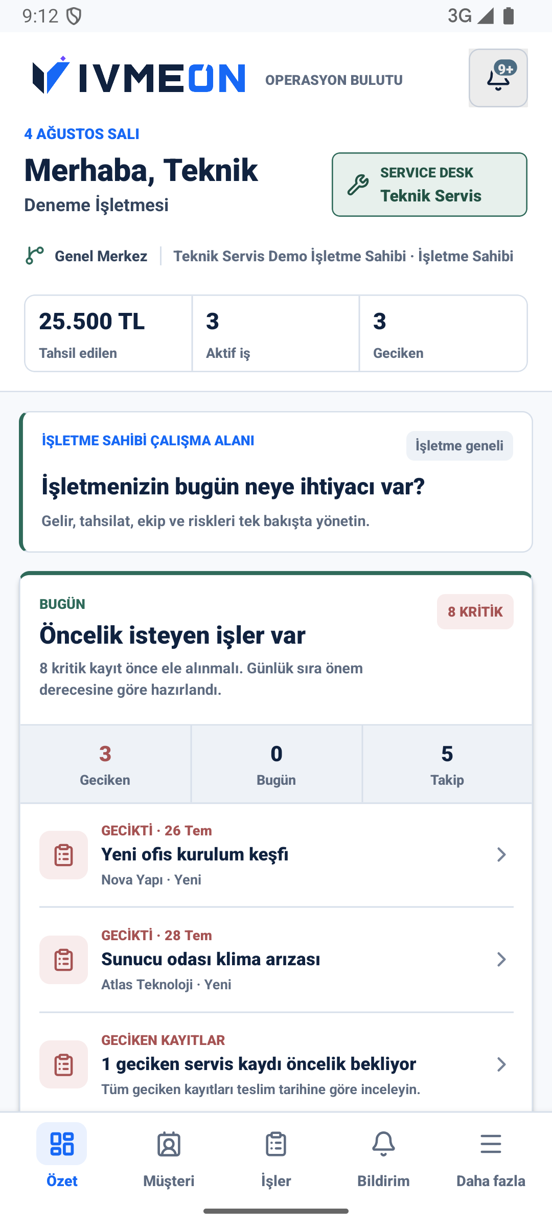 IVMEON mobil operasyon dashboard ekranı