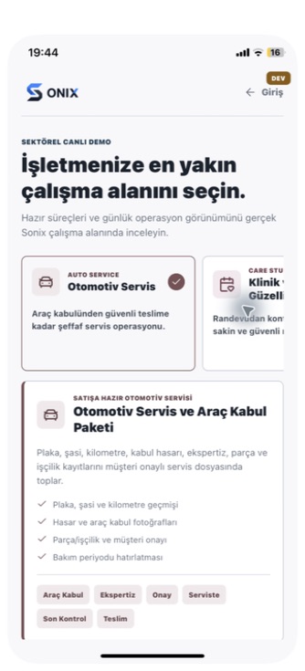 IVMEON Otomotiv Servis sektörel paket ekranı