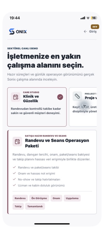 IVMEON Klinik ve Güzellik sektörel paket ekranı