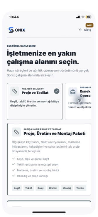 IVMEON Proje ve Tadilat sektörel paket ekranı